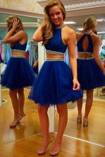  Organza Halter Top Sleeveless Zipper Beading and Belt Homecoming Dress in Royal Blue