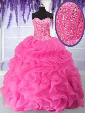 Fancy Organza Sweetheart Sleeveless Lace Up Beading and Ruffles Quinceanera Dress in Hot Pink