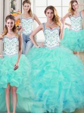Fashion Four Piece Straps Sleeveless Lace Up Quince Ball Gowns Aqua Blue Organza