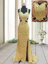 Low Price Gold Column/Sheath Straps Sleeveless Chiffon Brush Train Backless Beading Evening Dress