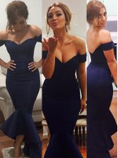 Sexy Mermaid Navy Blue Sleeveless Ruffles Floor Length Evening Dress