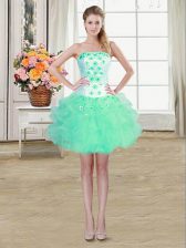 Turquoise Ball Gowns Strapless Sleeveless Organza Mini Length Lace Up Beading and Appliques and Ruffles Prom Dress