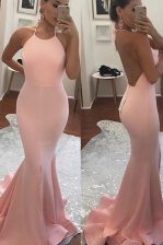  Peach Mermaid Satin Spaghetti Straps Sleeveless Beading With Train Backless Dress for Prom Sweep Train