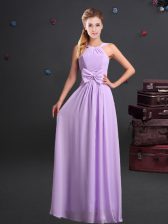 New Arrival Halter Top Sleeveless Floor Length Ruching and Bowknot Zipper Vestidos de Damas with Lavender