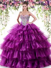  Purple Ball Gowns Beading and Ruffled Layers Sweet 16 Dresses Lace Up Organza Sleeveless Floor Length