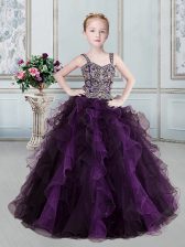 Trendy Straps Purple Lace Up Girls Pageant Dresses Beading and Ruffles Sleeveless Floor Length