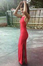 Great Mermaid Scoop Red Backless Homecoming Dress Ruching Sleeveless Floor Length