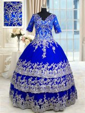  Satin and Tulle Half Sleeves Floor Length Ball Gown Prom Dress and Appliques and Ruffled Layers