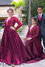 Amazing Scoop Satin Long Sleeves With Train Prom Party Dress Sweep Train and Beading