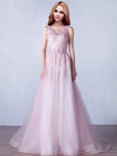 Fancy Tulle Scoop Sleeveless Brush Train Zipper Appliques and Hand Made Flower in Pink