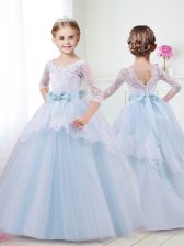  With Train Light Blue Toddler Flower Girl Dress Scoop Half Sleeves Brush Train Lace Up