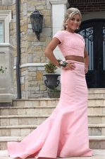 Cheap Mermaid Scoop Sleeveless Sweep Train Backless Prom Dress Rose Pink Satin