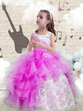  Purple Ball Gowns Scoop Sleeveless Organza Floor Length Lace Up Beading and Ruffled Layers Kids Formal Wear