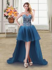  Teal Tulle Lace Up Prom Dress Sleeveless High Low Beading and Sequins