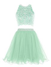 Fabulous Apple Green Two Pieces Organza Halter Top Sleeveless Beading Mini Length Clasp Handle Prom Party Dress