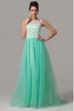  Turquoise Column/Sheath Scoop Sleeveless Tulle Floor Length Criss Cross Lace Evening Dress