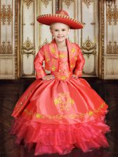 Latest Organza and Taffeta Sleeveless Floor Length Little Girls Pageant Dress and Embroidery and Ruffled Layers