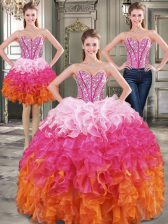 Best Selling Three Piece Multi-color Quince Ball Gowns Military Ball and Sweet 16 and Quinceanera with Beading Sweetheart Sleeveless Lace Up
