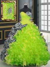  Yellow Green Ball Gowns Beading and Ruffles and Pattern Quinceanera Dress Lace Up Organza and Printed Sleeveless With Train