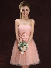 Excellent Peach Lace Up Damas Dress Lace and Bowknot Sleeveless Mini Length