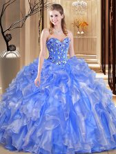 Cute Sleeveless Organza Floor Length Lace Up Quinceanera Dresses in Blue with Beading and Embroidery and Ruffles