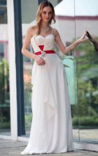 Smart White Side Zipper Prom Evening Gown Belt Sleeveless Floor Length
