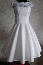  White A-line Bateau Cap Sleeves Satin Knee Length Zipper Lace Dress for Prom