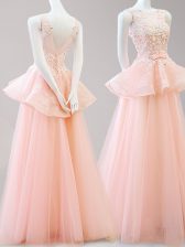  Scoop Peach A-line Appliques and Belt Homecoming Dress Backless Tulle Sleeveless Floor Length