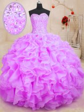 Glamorous Sweetheart Sleeveless Quince Ball Gowns Floor Length Beading and Ruffles Lilac Organza