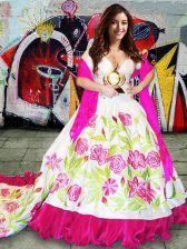  With Train Lace Up Sweet 16 Quinceanera Dress White for Military Ball and Sweet 16 and Quinceanera with Embroidery Brush Train
