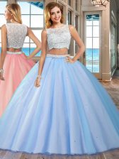 Dazzling Floor Length Blue 15 Quinceanera Dress Tulle Sleeveless Beading