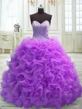 Custom Fit Purple Ball Gowns Organza Sweetheart Sleeveless Beading and Ruffles Lace Up 15 Quinceanera Dress Sweep Train