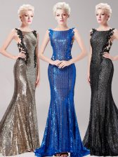 Attractive Mermaid Square Sleeveless Brush Train Clasp Handle With Train Appliques and Sequins Prom Dresses