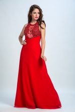  Chiffon Scoop Sleeveless Zipper Beading Prom Dress in Red
