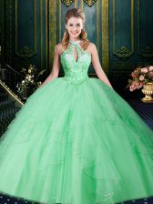 Nice Halter Top Apple Green Sleeveless Beading and Lace and Ruffles and Ruching Floor Length 15 Quinceanera Dress