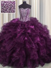 Fantastic Visible Boning Dark Purple Ball Gowns Organza Sweetheart Sleeveless Beading and Ruffles With Train Lace Up 15 Quinceanera Dress Brush Train