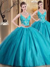 Customized Teal Sleeveless Beading and Lace and Appliques Floor Length Quinceanera Gown