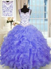 Deluxe Floor Length Purple Quinceanera Gowns Organza Sleeveless Beading and Appliques and Ruffles