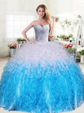  Floor Length Blue And White Sweet 16 Dresses Organza Sleeveless Beading and Ruffles