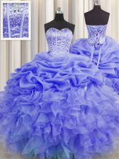 Fabulous Visible Boning Purple Sleeveless Beading and Ruffles and Pick Ups Floor Length 15 Quinceanera Dress