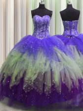 Fantastic Visible Boning Multi-color Ball Gowns Sweetheart Sleeveless Tulle Floor Length Lace Up Beading and Ruffles and Sequins Sweet 16 Dresses
