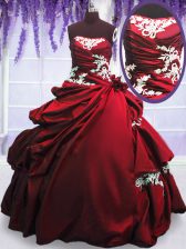  Sleeveless Floor Length Appliques and Pick Ups Lace Up Sweet 16 Quinceanera Dress with Wine Red
