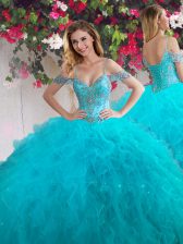  Off the Shoulder Sleeveless Lace Up Floor Length Beading and Ruffles Quince Ball Gowns