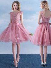 Stylish Pink Scoop Neckline Appliques and Belt Court Dresses for Sweet 16 Cap Sleeves Lace Up