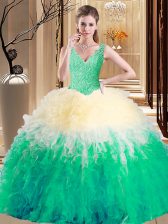  Multi-color Ball Gowns Lace and Appliques and Ruffles 15 Quinceanera Dress Zipper Tulle Sleeveless Floor Length