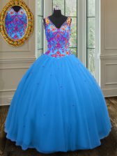 Luxury Blue Zipper Straps Beading and Sequins Quince Ball Gowns Tulle Sleeveless