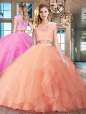  Scoop Peach Cap Sleeves With Train Beading and Appliques and Ruffles Zipper Ball Gown Prom Dress