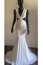  Mermaid Sleeveless Brush Train Backless With Train Ruching Prom Dresses