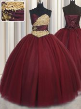  Wine Red Ball Gowns Beading and Appliques Vestidos de Quinceanera Lace Up Tulle Sleeveless Floor Length
