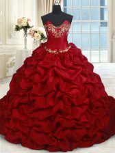  Floor Length Lace Up Quinceanera Dress Wine Red for Military Ball and Sweet 16 and Quinceanera with Beading and Pick Ups